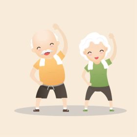 Elderly people exercising. Active healthy workout aged people. Grandparents making morning exercises. Cartoon illustration isolated on background. Vector, illustration